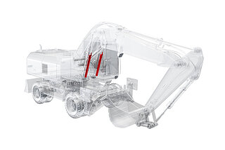 Rendering of an excavator with the boom suspension labelled

