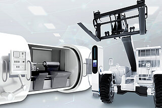 HYDAC demonstrates industry expertise - symbolised by a machine tool and a telehandler.