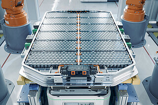 One of the stages in battery pack production: final assembled battery pack.