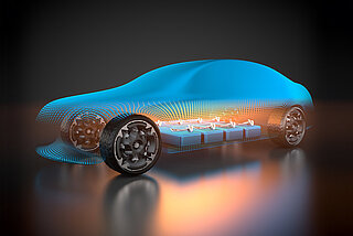 Transparent car with illuminated battery packs inside – the future of mobile electrification.