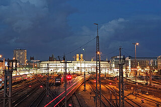 Tracks at the approach to Munich Central Station at night