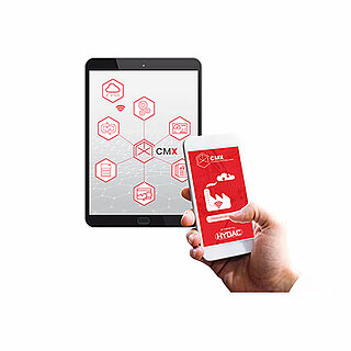 Image of a tablet and a mobile phone on which HYDAC’s CMX Suite is shown
