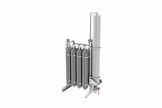 Depiction of a modular silver piston accumulator station from HYDAC