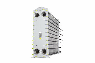 Plate heat exchanger made of titanium for use in the offshore sector.
