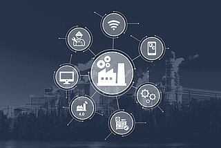 Interconnected circles with symbols of digitisation with paper industry in background