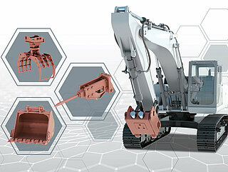 Construction machine in front of a grey honeycomb background next to which various attachments are shown
