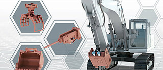 Construction machine in front of a grey honeycomb background next to which various attachments are shown
