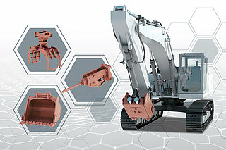 Construction machine in front of a grey honeycomb background next to which various attachments are shown
