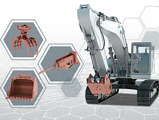 Construction machine in front of a grey honeycomb background next to which various attachments are shown
