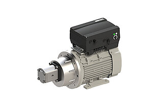 Depiction of a variable-speed drive unit with red, black and silver elements 