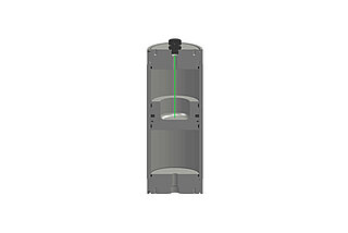 Diagram of a piston accumulator with red laser with side cut-away.