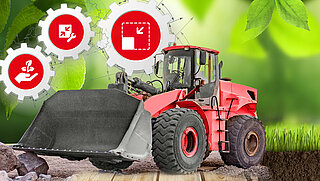 Excavator with icons relating to space optimisation, conservation of resources & weight reduction