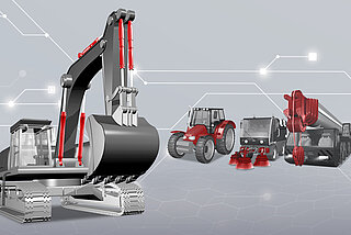Excavator in foreground with tractor, sweeper and telescopic crane in background