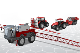 Three different field sprayers in front of a grey honeycomb background