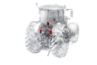 Rendering of a tractor with the cab suspension system labelled
