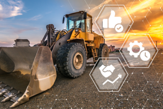 Excavator on construction site with icons relating to condition monitoring and predictive maintenance